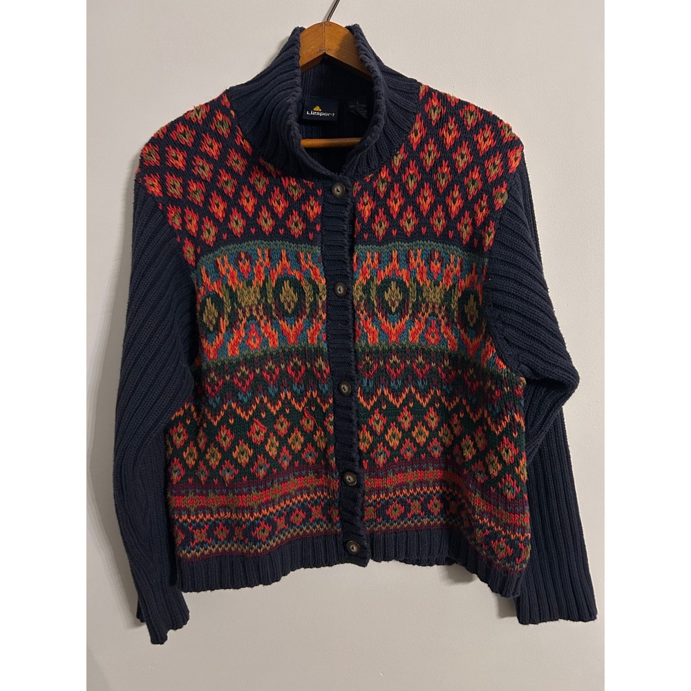 Lizsport Vintage Fair Isle Cotton Knit Cardigan Sweater Navy Blue Multi Large